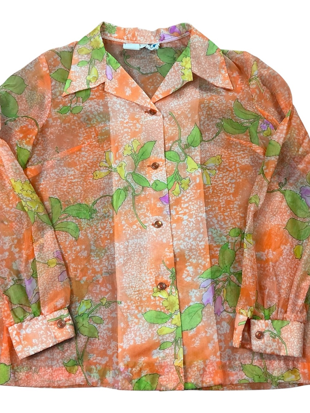 Vintage 1960/70s Pacific Isle Hawaii tropical orange semi sheer shirt USA made